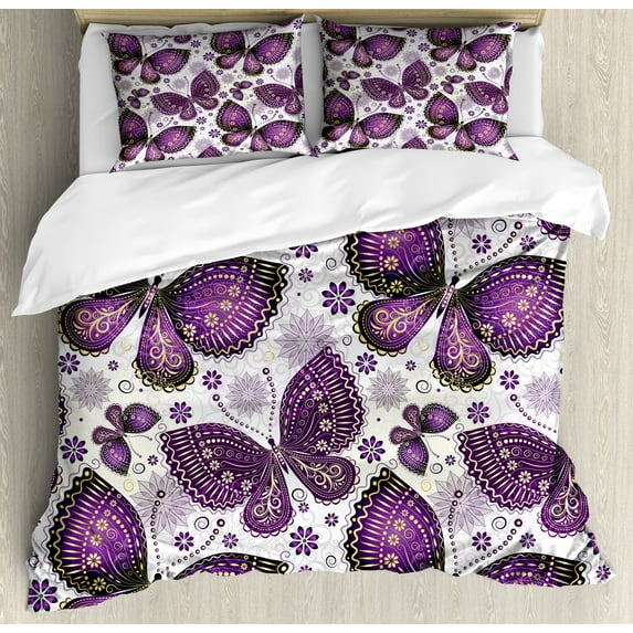 Natural Duvet Cover Set, Butterflies with Paisley Motif on Wings Flowers Art Print, Decorative 3 Piece Bedding Set with 2 Pillow Shams, Calking Size, Purple White Lilac, by Ambesonne