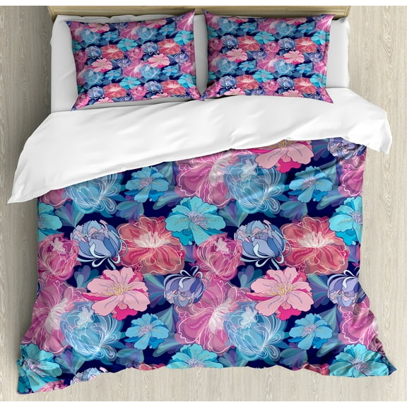Natural Duvet Cover Set, Colorful Floral Motifs Flower Illustration with Watercolor Effect, Decorative 3 Piece Bedding Set with 2 Pillow Shams, King Size, Pale Sky Blue Pale Fuchsia, by Ambesonne