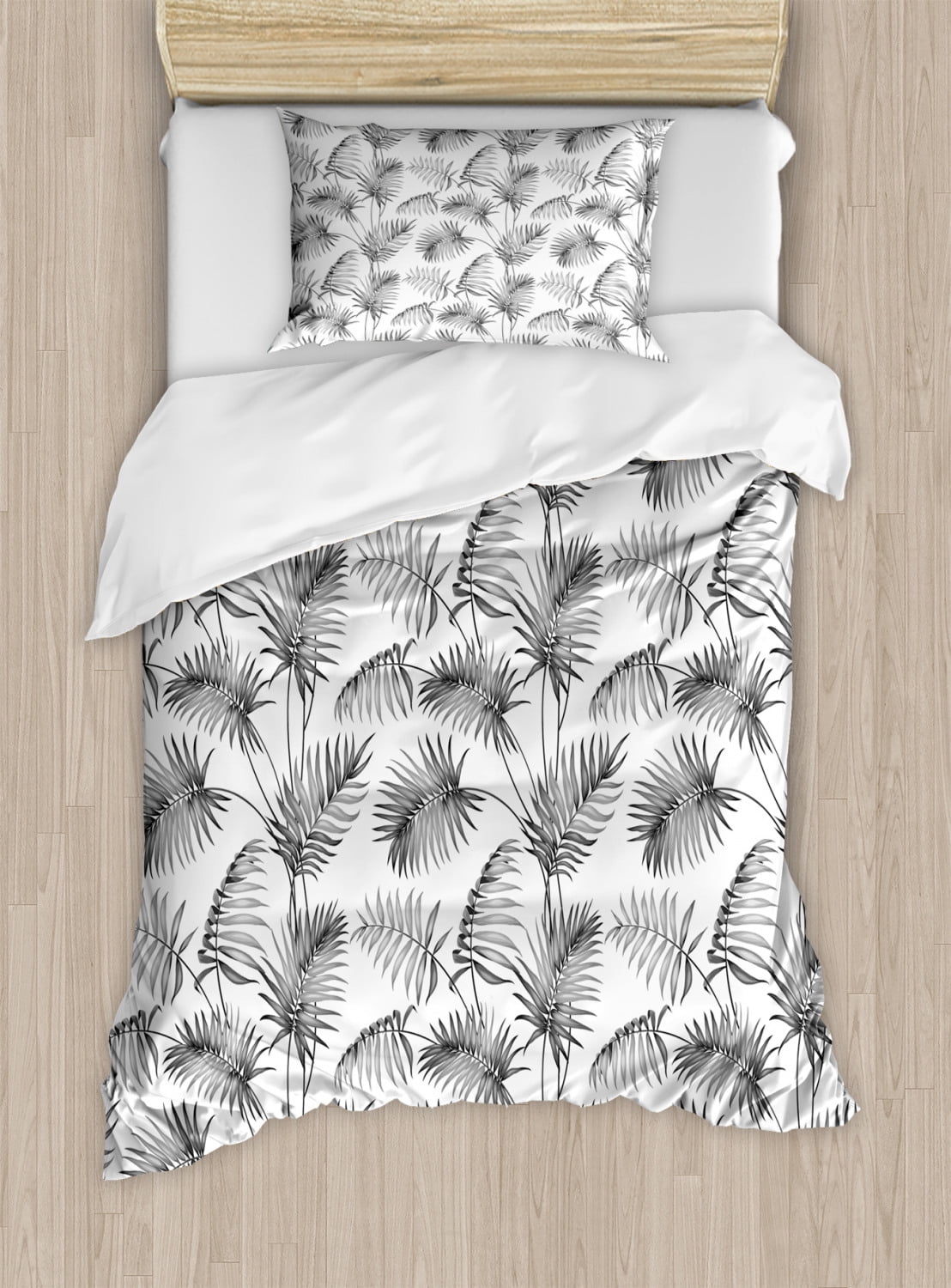 Twin Dimgrey and White Palm Leaf Duvet Set