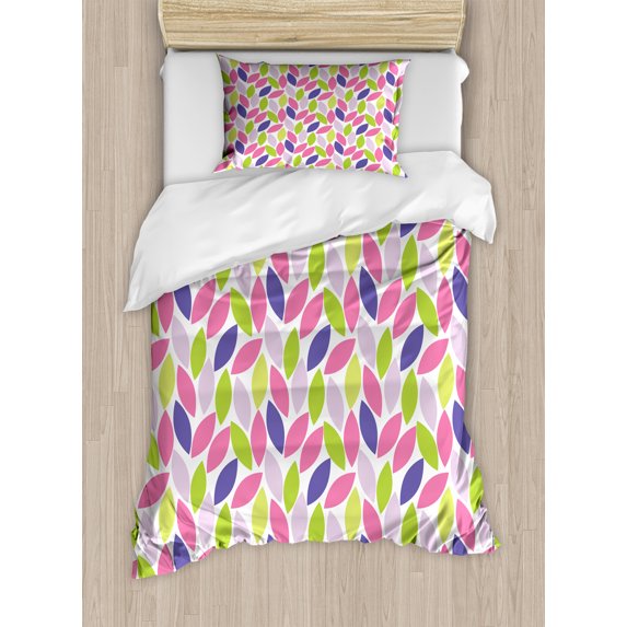 Natural Duvet Cover Set, Pattern of Leaf Natural Botanic Illustration Creativity Ornate, Decorative 2 Piece Bedding Set with 1 Pillow Shams, Twin Size, Pink Purple Lime Green, by Ambesonne