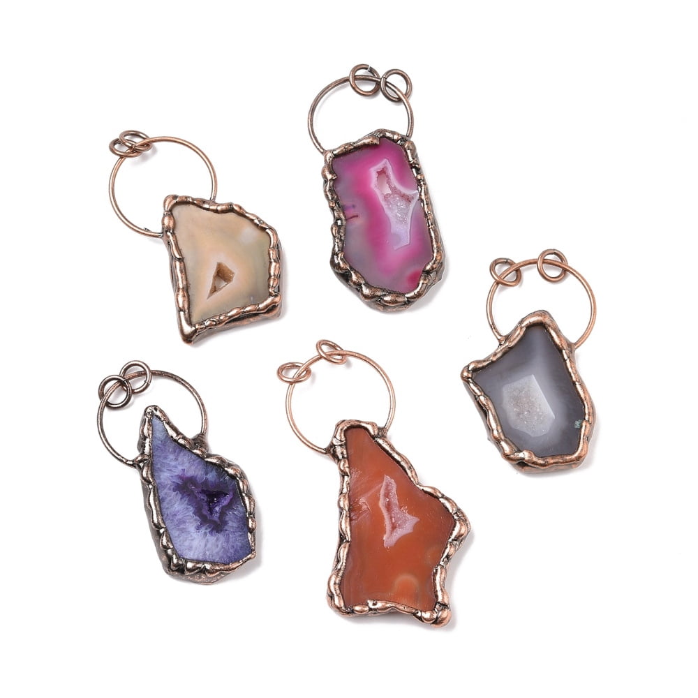 Natural Dyed Druzy Agate Big Pendants with Red Copper Tone Brass Findings and Jump Rings Cadmium Free & Lead Free Polygon Mixed Color 57.5~77x29~45x6~8mm Hole: 6mm