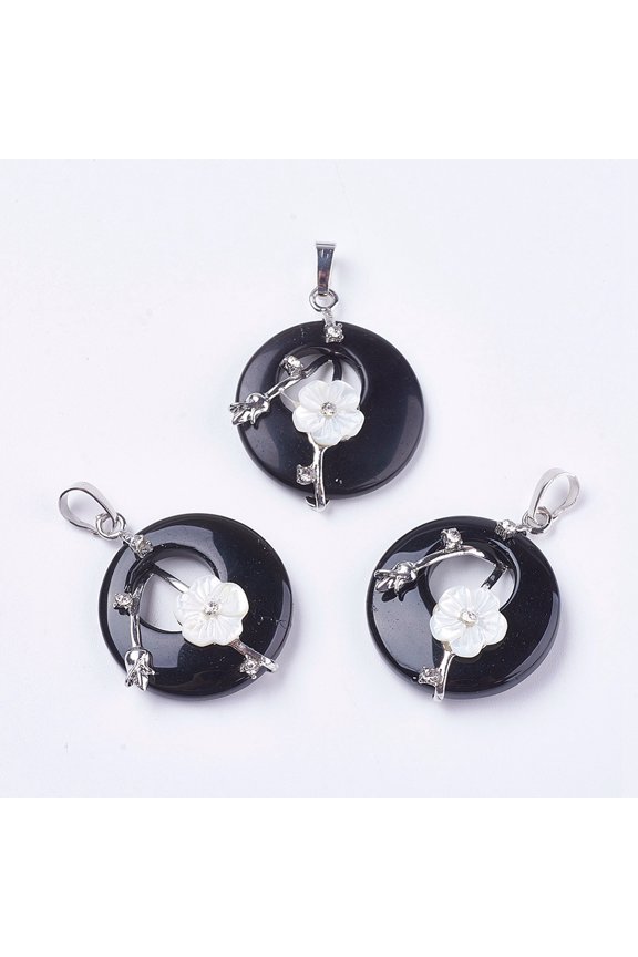 Natural Dyed & Heated Black Agate Pendants with Shell Rhinestone and Platinum Tone Brass Findings Flat Round with Flower 35.5~36x28x8mm Hole: 5x8mm