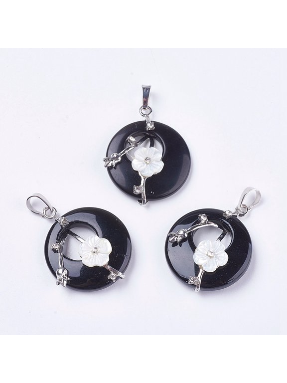 Natural Dyed & Heated Black Agate Pendants with Shell Rhinestone and Platinum Tone Brass Findings Flat Round with Flower 35.5~36x28x8mm