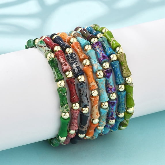 Natural Dyed Imperial Jasper Beads Stretch Bracelets for Men Women Bamboo with Electroplated Synthetic Non-magnetic Hematite Beads Inner Diameter: 2-1/8~2-1/8 inch(5.3~5.5cm)
