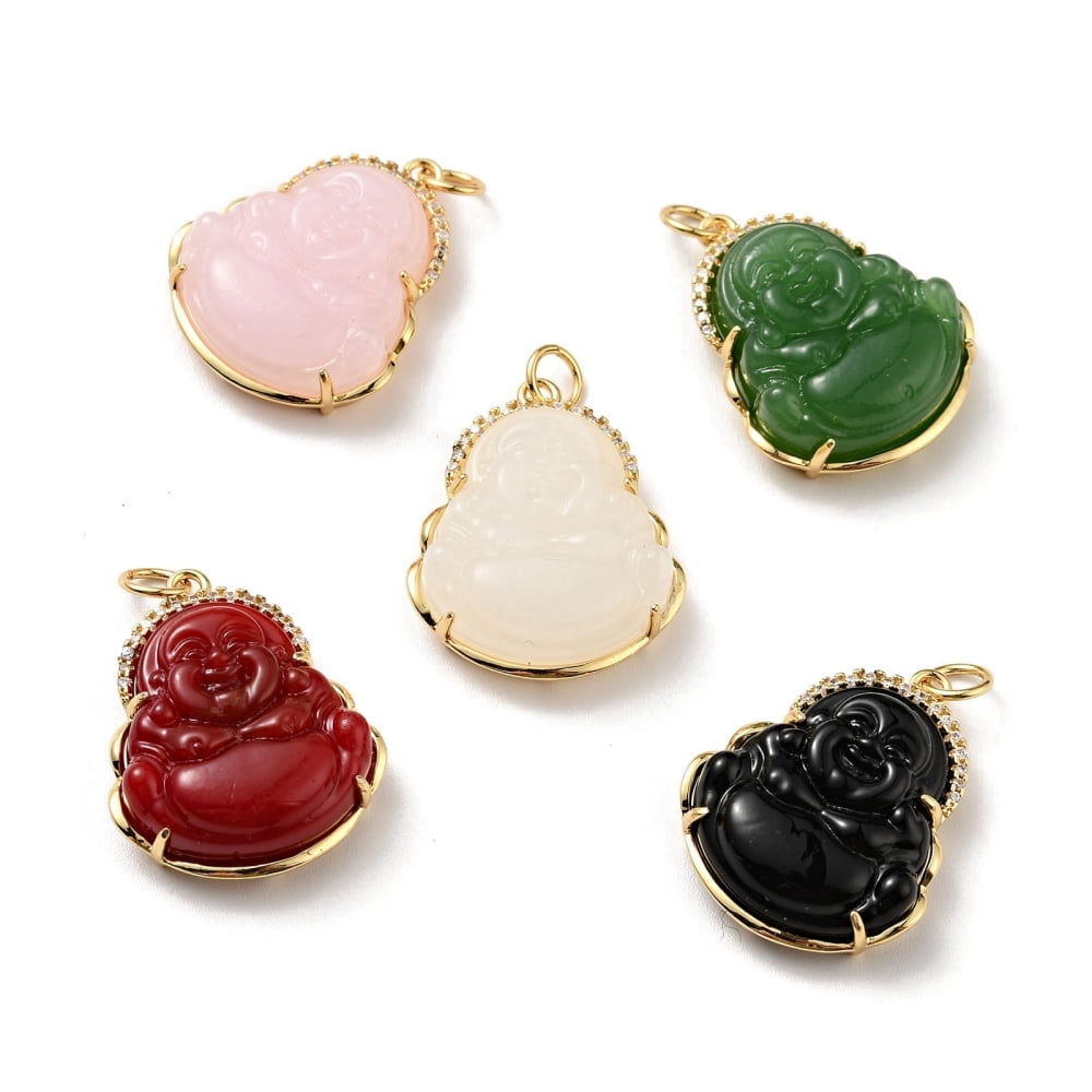 Natural Dyed Jade Pendants with Rack Plating Real 18K Gold Plated Brass Findings and Jump Ring Laughing Cadmium Free & Nickel Free & Lead Free 24x19x7.5mm Jump Ring: 5x0.7mm Hole: 3.4mm 10pc