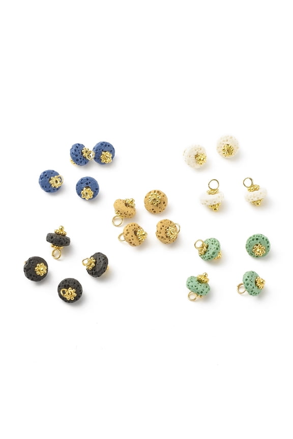 Natural & Dyed Lava Rock Charms Flat Round with Brass Loops and Alloy Daisy Spacer Beads Golden Mixed color 11.7x8mm Hole: 2.6mm