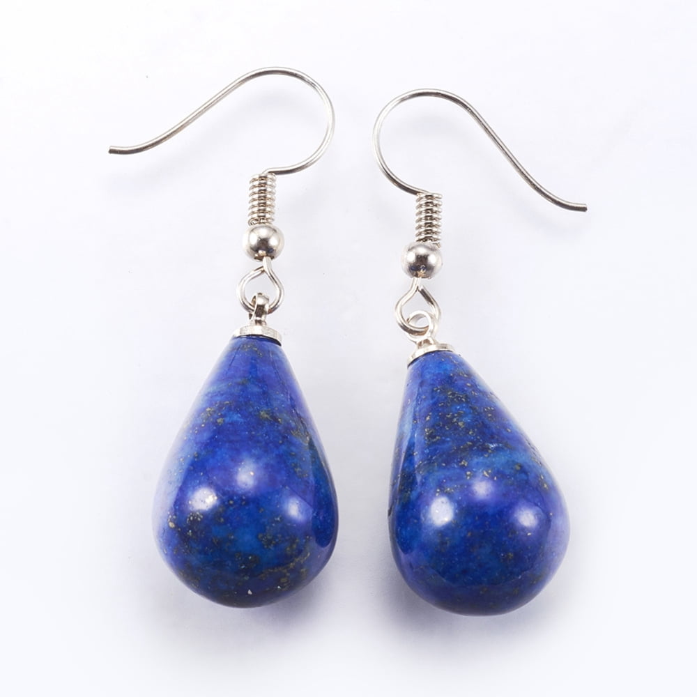 Natural Dyed Lazuli Dangle Earrings with Brass Earring Hooks Drop Platinum 43mm Pin: 0.5mm