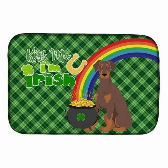 Natural Ear Red and Tan Doberman Pinscher St. Patricks Day Dish Drying Mat