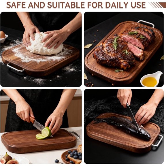 Natural Ebony Wood Cutting Board 14.5"9.5"1" Solid One-Piece Butcher Block, Food-Safe Double-Sided with Juice Groove Non-Slip Feet, Kitchen Chopping Board for Meat Fruit Gift