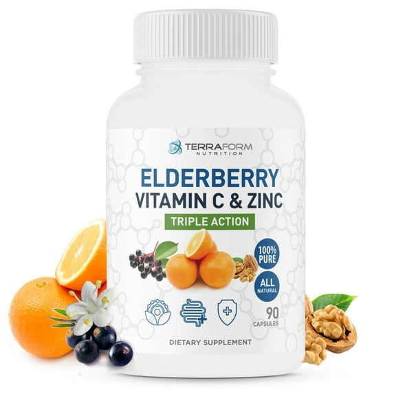 Natural Elderberry Capsules with Zinc & Vitamin C - Daily Immune Support Supplement – Clear, 90 Capsules - 3 Month Supply