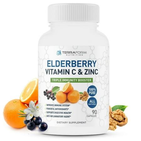 Natural Elderberry Capsules with Zinc & Vitamin C - Daily Immune Support Supplement – Clear, 90 Capsules - 3 Month Supply