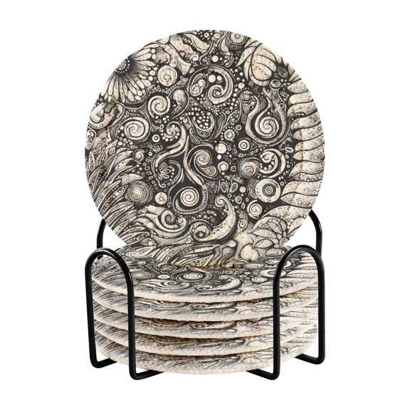Natural Elements Abstract Design Drink Coasters with Holder Absorbent Coaster for Coffee Table Room Decor 6 Pack