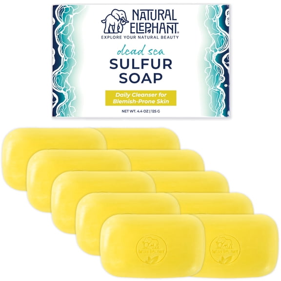Natural Elephant Dead Sea Sulfur Soap 4.4 oz with Dead Sea Salt, Aloe Vera, Sulphur Face and Body Cleanser Bar for All Skin Types (10 Pack (44 oz Total))