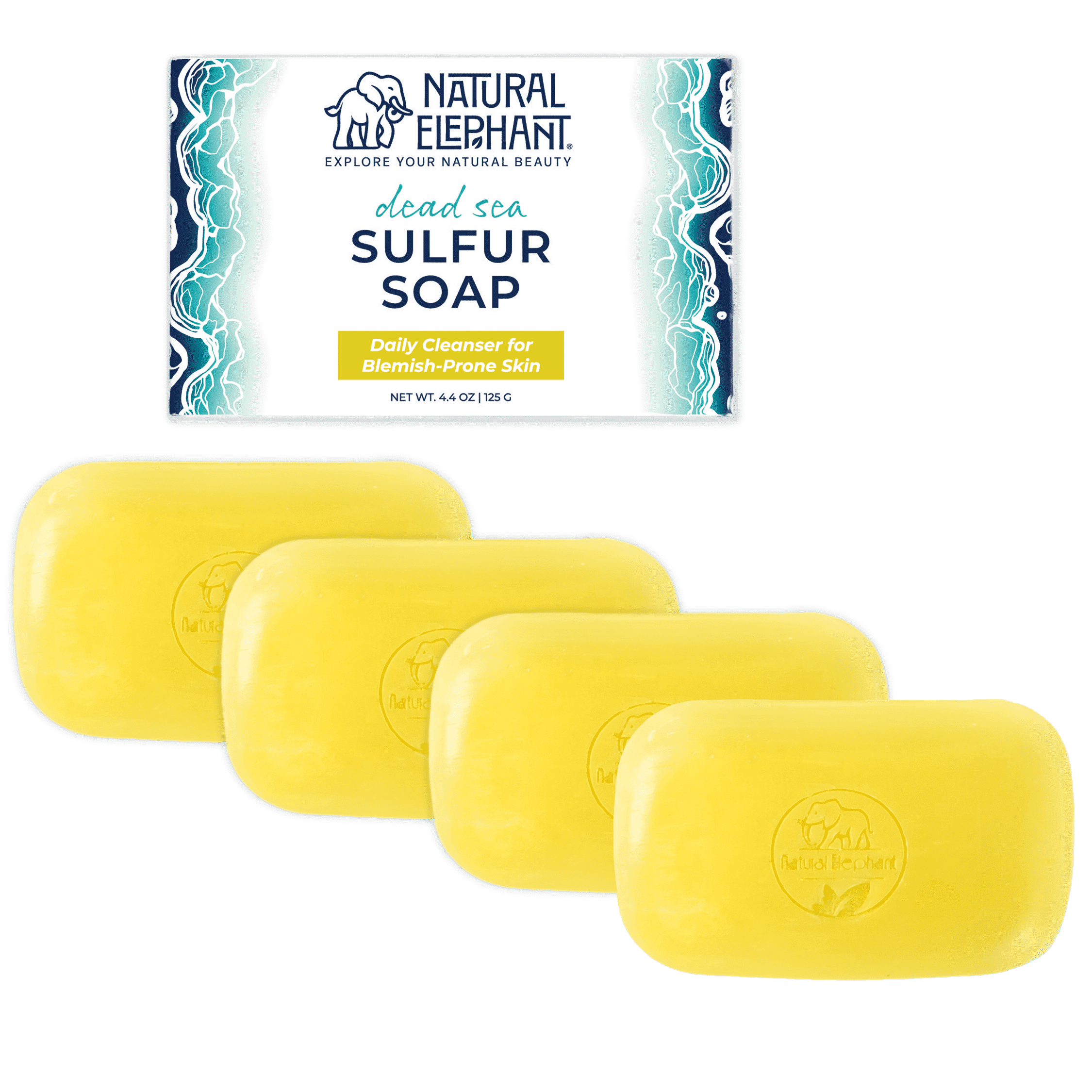 Natural Elephant Dead Sea Sulfur Soap 4.4 oz with Dead Sea Salt, Aloe Vera, Sulphur Face and Body Cleanser for All Skin Types (4 Pack (17.6 oz Total))