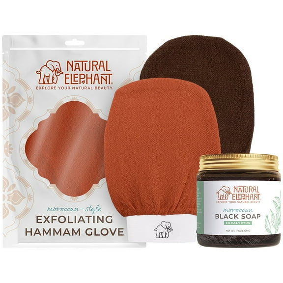 Natural Elephant Moroccan Black Soap 200g (7oz) and 2 Pack of Exfoliating Hammam Glove (Brown and Orange) Combo