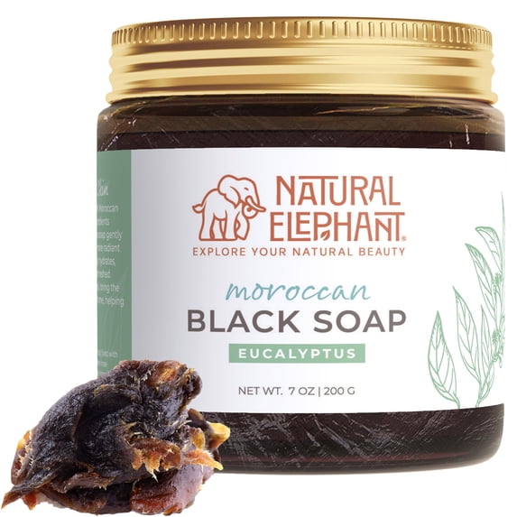 Natural Elephant Moroccan Black Soap 7oz Traditional Hammam Beldi Soap 100% Natural for exfoliating and cleansing (Eucalyptus Essential Oil 200g (7oz))