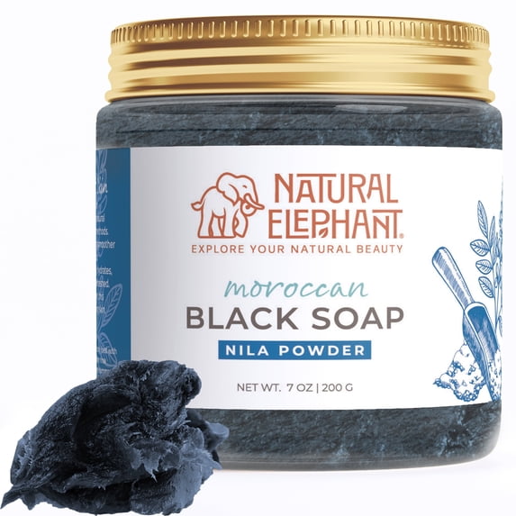 Natural Elephant Moroccan Black Soap | 7oz | Nila Indigo | Traditional Hammam Beldi Soap, 100% Natural Ingredients, Ideal for Exfoliating and Even Skin Appearance