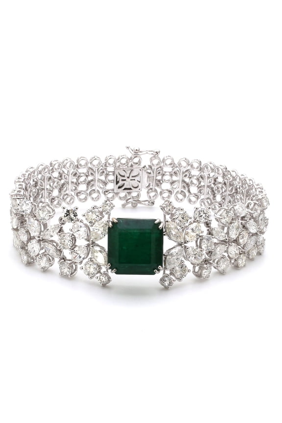 Natural Emerald 24.8 Ct. Genuine Diamond Cluster Bracelet 18k White Gold Women Jewelry