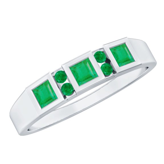Rosec Jewels Natural Emerald Band Ring for Women (AAA Grade, May Birthstone), 10K White Gold, US 7.50
