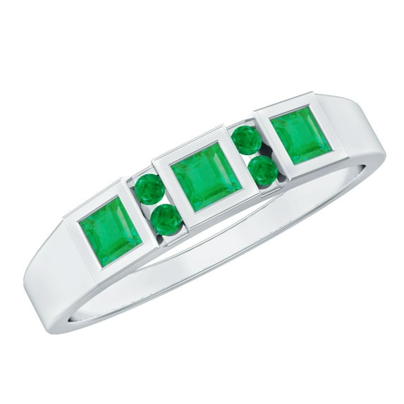 Rosec Jewels Natural Emerald Band Ring for Women (AAA Grade, May Birthstone), 18K White Gold, US 11.00