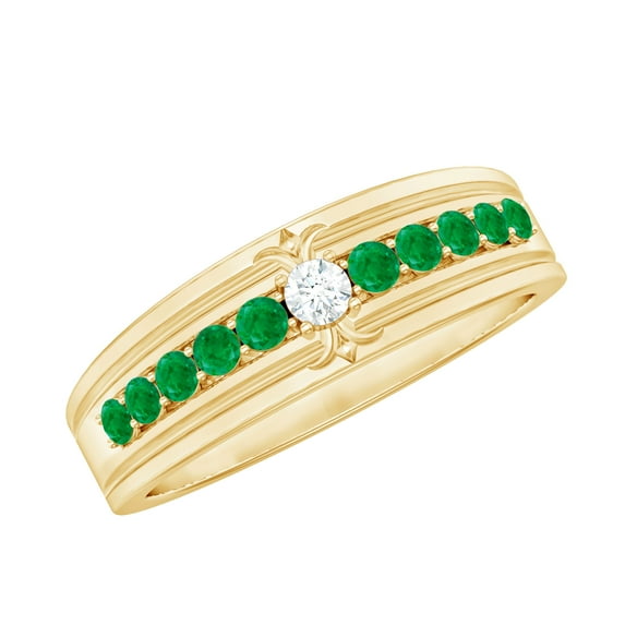 Rosec Jewels Natural Emerald Anniversary Band with Diamond - AAA Quality Emerald Diamond Ring for Women - Ready to Gift, 14K Yellow Gold, US 10.00