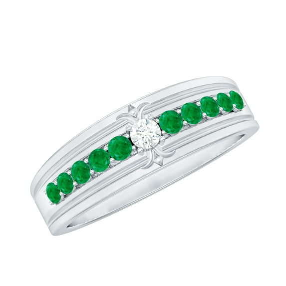 Rosec Jewels Natural Emerald Anniversary Band with Diamond - AAA Quality Emerald Diamond Ring for Women - Ready to Gift, 925 Sterling Silver, US 4.00