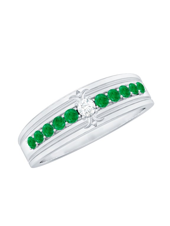 Natural Emerald Anniversary Band with Diamond - AAA Quality Emerald Diamond Ring for Women - Ready to Gift, 925 Sterling Silver, US 4.00