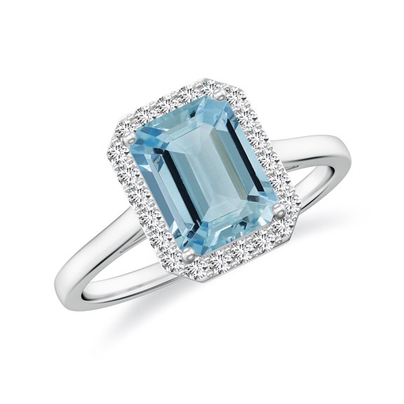 Natural Emerald Cut Aquamarine Halo Engagement Ring with Moissanite in White Gold Plated/ 925 Sterling Silver| March Birthstone, Birthday, Anniversary, Wedding Jewelry, Ring Size 8