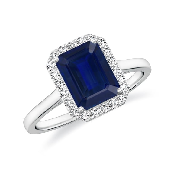 Natural Emerald Cut Blue Sapphire Halo Engagement Ring with Moissanite in White Gold Plated/ 925 Sterling Silver| September Birthstone, Birthday, Anniversary, Wedding Jewelry, Ring Size 8