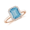 thumbnail image 1 of Natural Emerald Cut Blue Topaz Halo Engagement Ring with Moissanite in Rose Gold Plated/ 925 Sterling Silver| December Birthstone, Birthday, Anniversary, Wedding Jewelry, Ring Size 9, 1 of 4