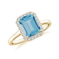 thumbnail image 1 of Natural Emerald Cut Blue Topaz Halo Engagement Ring with Moissanite in Yellow Gold Plated/ 925 Sterling Silver| December Birthstone, Birthday, Anniversary, Wedding Jewelry, Ring Size 7, 1 of 4