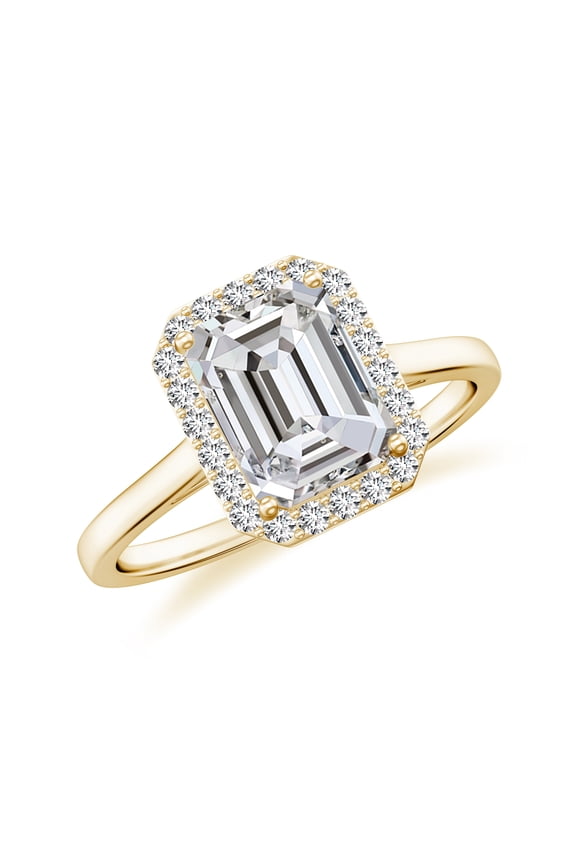Natural Emerald Cut Diamond Halo Engagement Ring with Moissanite in Yellow Gold Plated/ 925 Sterling Silver| April Birthstone, Birthday, Anniversary, Wedding Jewelry, Ring Size 5