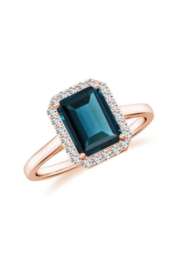 Natural Emerald Cut London Blue Topaz Halo Engagement Ring with Moissanite in Rose Gold Plated/ 925 Sterling Silver| December Birthstone, Wedding Jewelry, Ring Size 9