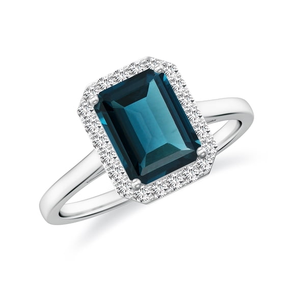 Natural Emerald Cut London Blue Topaz Halo Engagement Ring with Moissanite in White Gold Plated/ 925 Sterling Silver| December Birthstone, Wedding Jewelry, Ring Size 7