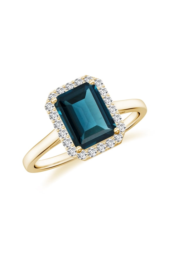 Natural Emerald Cut London Blue Topaz Halo Engagement Ring with Moissanite in Yellow Gold Plated/ 925 Sterling Silver| December Birthstone, Wedding Jewelry, Ring Size 5
