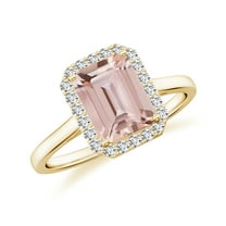 Natural Emerald Cut Morganite Halo Engagement Ring with Moissanite in Yellow Gold Plated/ 925 Sterling Silver| Birthstone, Birthday, Anniversary, Wedding Jewelry, Ring Size 5