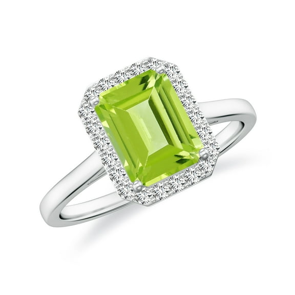 Natural Emerald Cut Peridot Halo Engagement Ring with Moissanite in White Gold Plated/ 925 Sterling Silver| August Birthstone, Birthday, Anniversary, Wedding Jewelry, Ring Size 10