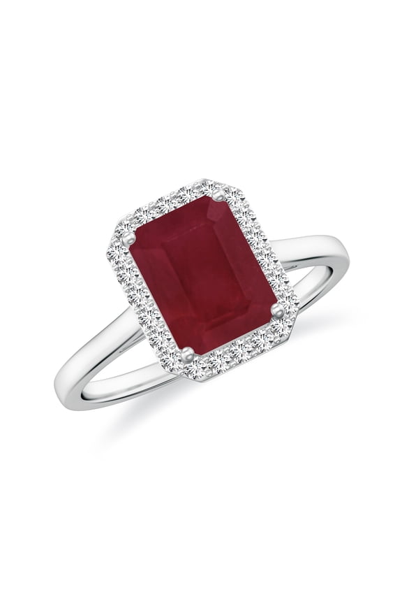 Natural Emerald Cut Ruby Halo Engagement Ring with Moissanite in White Gold Plated/ 925 Sterling Silver| July Birthstone, Birthday, Anniversary, Wedding Jewelry, Ring Size 5