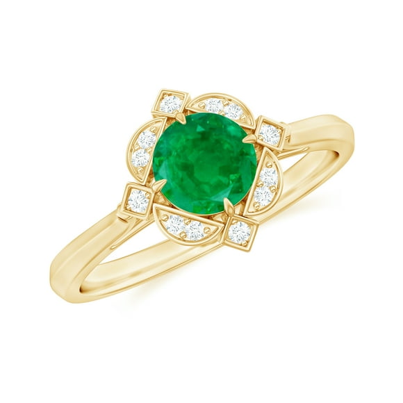 Rosec Jewels Natural Emerald Engagement Ring with Diamond, Vintage Style Ring (AAA Grade), 14K Yellow Gold, US 7.00
