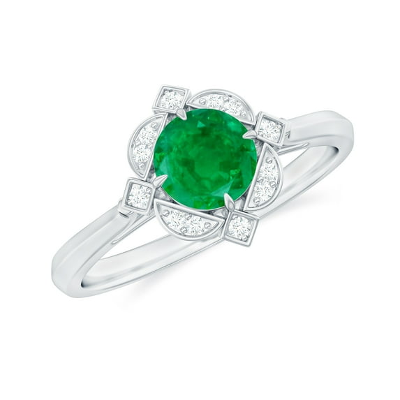 Rosec Jewels Natural Emerald Diamond Engagement Ring for Women - Vintage Style Ring - AAA Quality - with Jewelry Box, 18K White Gold, US 10.00