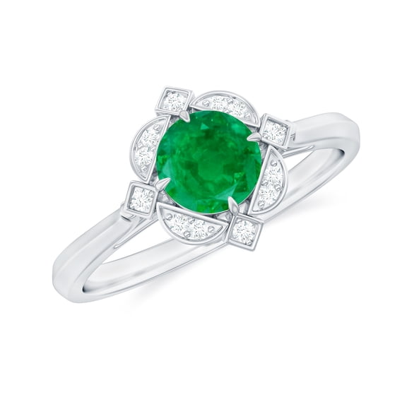 Rosec Jewels Natural Emerald Diamond Engagement Ring for Women - Vintage Style Ring - AAA Quality - with Jewelry Box, 925 Sterling Silver, US 4.00