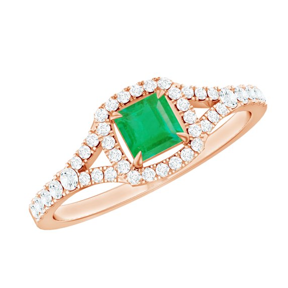 Rosec Jewels Natural Emerald Engagement Ring with Diamond for Women ( AAA Quality), 14K Rose Gold, US 11.00