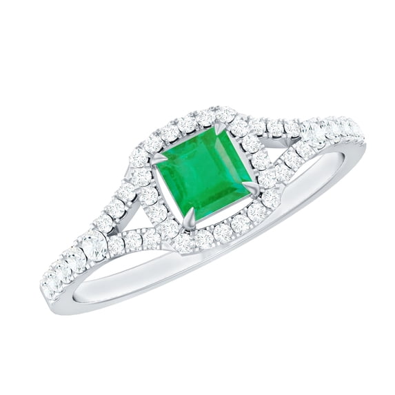 Rosec Jewels Natural Emerald Engagement Ring with Diamond for Women ( AAA Quality), 14K White Gold, US 6.50