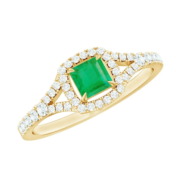 Rosec Jewels Natural Emerald Engagement Ring with Diamond for Women ( AAA Quality), 18K Yellow Gold, US 3.00