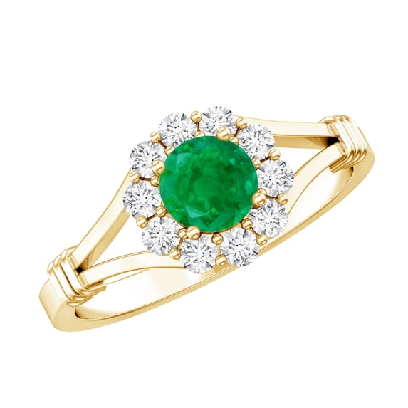 Rosec Jewels Natural Emerald Floral Ring with Diamond Halo - AAA Quality, 10K Yellow Gold, US 6.50