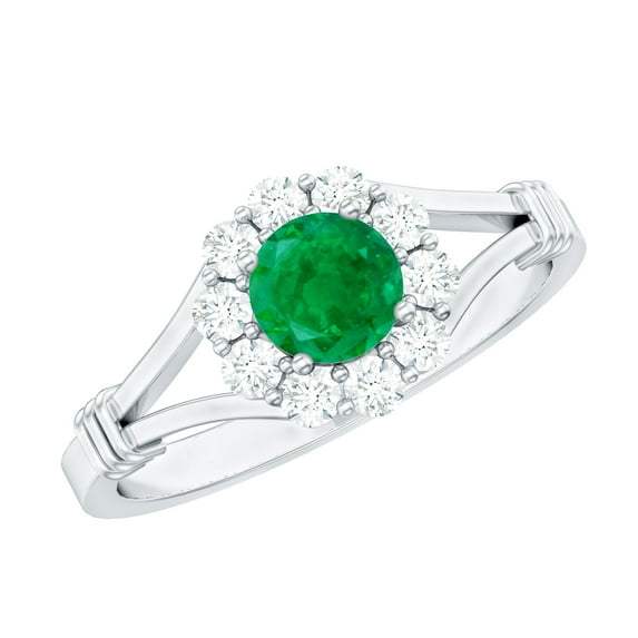 Rosec Jewels Natural Emerald Floral Ring with Diamond Halo (1 CT) - AAA Quality, 18K White Gold, US 5.50
