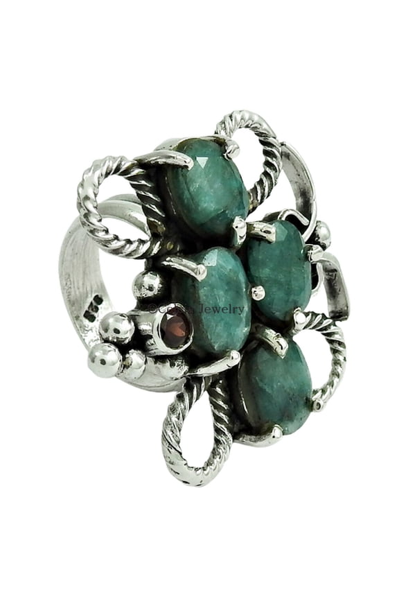 Natural Emerald & Garnet Gemstone Handmade Ring, Solid 925 Sterling Silver Womens Gift Ring, Stackable Stacking Multitone Ring, Statement Ring, Metaphysical Gifts, May January Birthstone Ring (7)