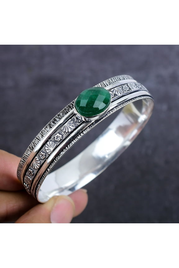 Emerald(Simulated) Gemstone Handmade 925 Sterling Silver Cuff Bangle 7