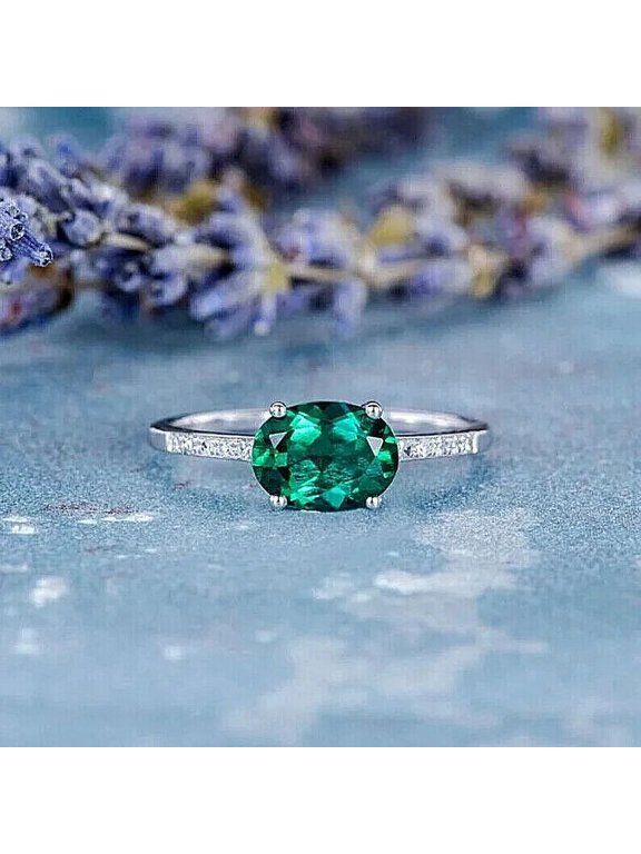 Natural Emerald Gemstone Ring,14k White Gold, Anniversary Gift Ring For Women