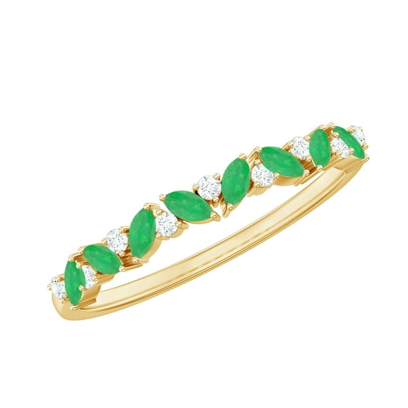Rosec Jewels Natural Emerald Half Eternity Anniversary Stacking Ring with Diamond for Women, 14K Yellow Gold, US 4.00